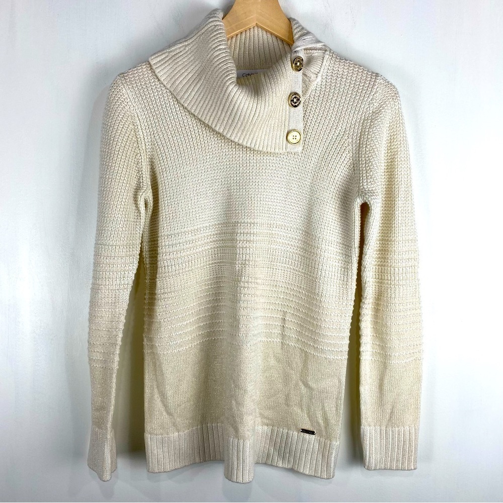 Calvin Klein Shimmer Glitter Gold Ribbed Knit‎ Mock Neck Pullover Sweater Small